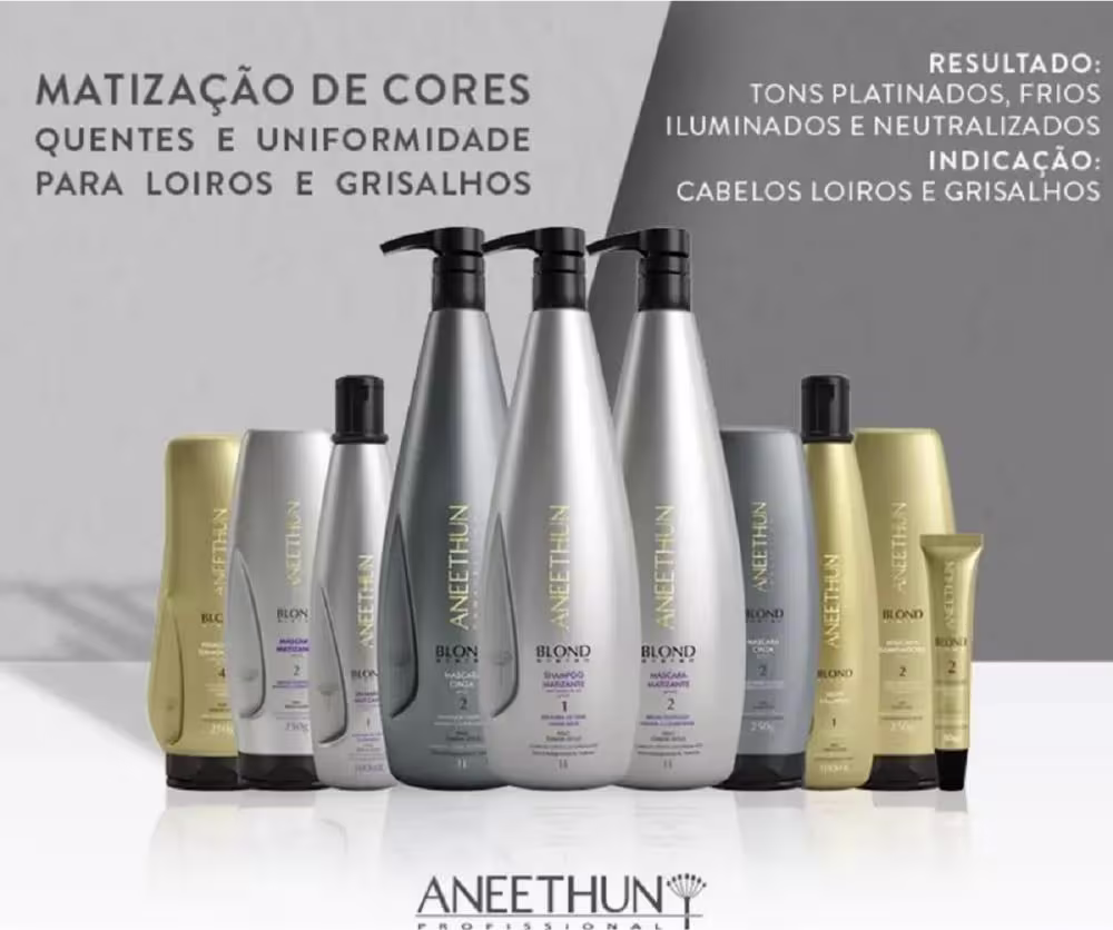 A imagem mostra todos os produtos da linha Blond System, ao lado texto destaca: matização de cores quentes e uniformidades para loiros e grisalhos.