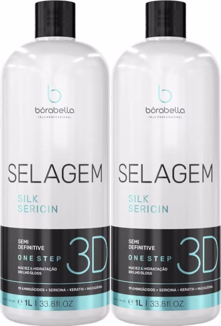 Dois frascos de Selagem 3D da marca Borabella. O rótulo também menciona que se trata de um tratamento de seda sericina, com uma fórmula semidefinitiva de um passo. Cada frasco contém 1 litro de capacidade.