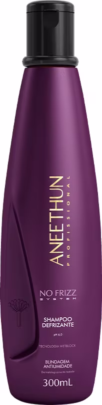 Shampoo em embalagem plástica roxa com tampa preta. Rótulo com o nome do produto "Aneethun" e "No Frizz" em letras brancas. Descrição "Shampoo Defrizante" e "Blindagem Anti-umidade" em texto menor. Volume de 300ml indicado na embalagem.