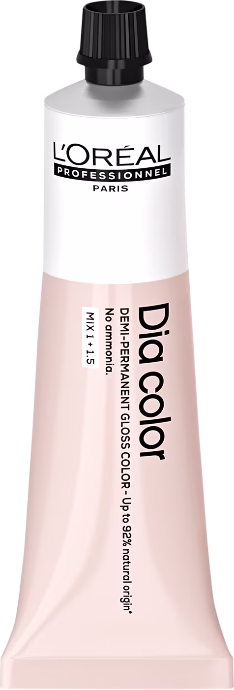 Produto de coloração capilar da linha L'Oréal Professionnel Dia Color. Embalagem em tubo plástico branco com detalhes em preto. Rótulo frontal exibe o logotipo L'Oréal Professionnel e o nome do produto "Dia Color" em letras pretas.