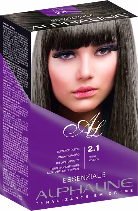 Caixa de tinta para cabelo Essenziale Alphaline, tonalizante em creme. A embalagem é uma caixa retangular de cor roxa escura com detalhes em branco. Há uma imagem de uma modelo com cabelos pretos. O texto na caixa indica que é o tom 2.1 Preto Azulado