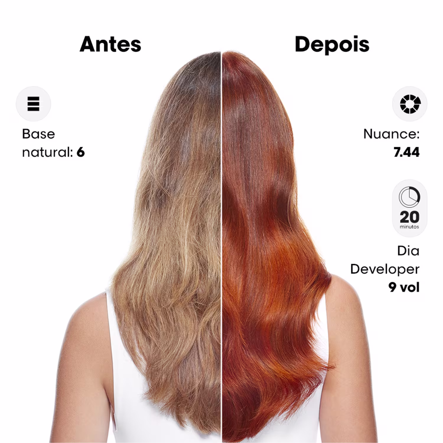 A imagem mostra os resultados de um tratamento capilar da linha L'Oréal Professionnel. Está dividida em duas partes: "Antes" e "Depois", mostrando os resultados obtidos a partir do uso do produto Dia Color.