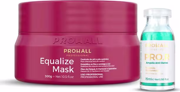 A imagem mostra um kit da marca Prohall Cosmetic contendo a máscara capilar Equalize Mask e a ampola de tratamento PRO R.