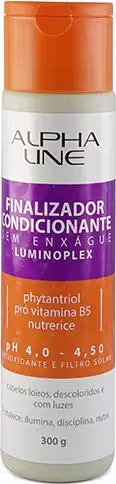 Produto de finalização e condicionamento para cabelos da linha Alpha Line. Embalagem cilíndrica plástica laranja e branca. Rótulo com o nome do produto "Finalizador Condicionante"