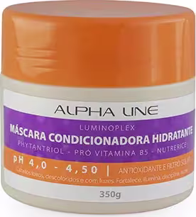 É um pote de máscara condicionadora hidratante da linha Alpha Line Luminoplex. O pote é de plástico rígido na cor laranja com uma tampa da mesma cor. O rótulo é branco com detalhes em roxo, indicando que é uma máscara condicionadora