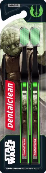 Este é um conjunto de duas escovas de dentes da marca Dentalclean, com cerdas verdes. As escovas estão com a imagem do mestre Yoda estampas. A embalagem tem as cores vermelha, verde e preta, com os logotipos "Dentalclean" e "Star Wars" visíveis.