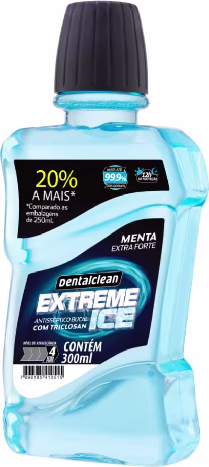 Produto antisséptico bucal Dentalclean Extreme Ice. Embalagem plástica transparente com líquido azul claro. Rótulo preto com detalhes em amarelo indicando "20% a mais" em comparação a embalagens menores. Destaca ser "Menta Extra Forte"