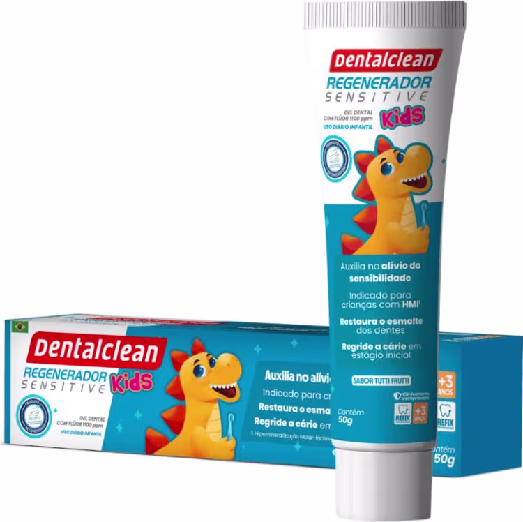 A imagem mostra gel dental infantil e caixa do produto. Apresentam um personagem infantil amarelo com detalhes em vermelho, semelhante a um dinossauro, com uma expressão sorridente.