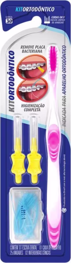 Kit ortodôntico contendo uma escova ortodôntica rosa, duas escovas interdentais amarelas pequenas, um estojo passa-fio azul. A embalagem é azul escura com detalhes em branco, azul e amarelo. Há imagens ilustrativas de aparelhos ortodônticos