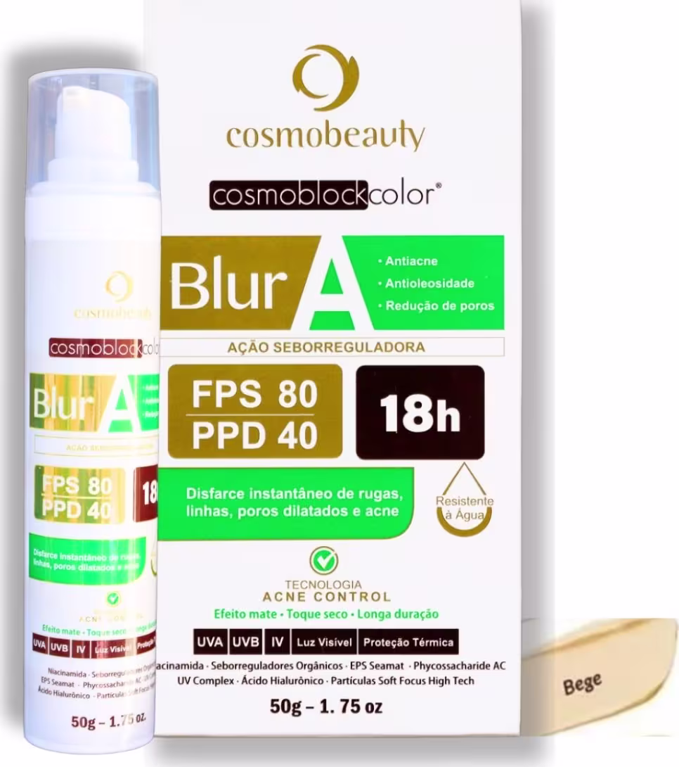 O produto apresentado é um bloqueador solar da linha Cosmoblockcolor da marca Cosmobeauty. A embalagem indica que se trata de um produto com ação seborregulatória, com FPS 80 e PPD 40, com resistência de 18 horas.