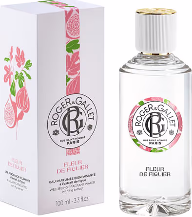 Frasco de perfume da marca Roger & Gallet, com embalagem branca e detalhes florais em tons de rosa e verde. O rótulo apresenta o nome do produto "Fleur de Figuier" e a marca em destaque.
