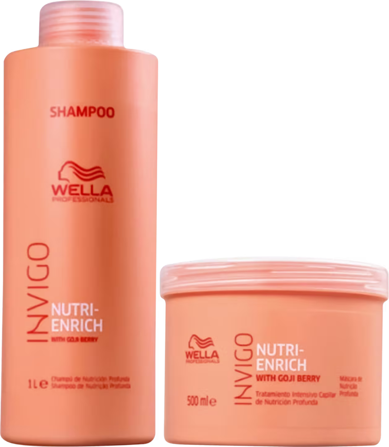Shampoo Wella Professionals Nutri-Enrich em embalagem plástica laranja de 1 litro. Embalagem redonda laranja de 500ml com a descrição Máscara de Nutrição Profunda para tratamento capilar.