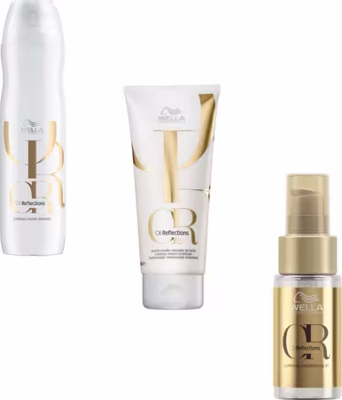 Kit Wella Professionals Oil Reflections Trio de Cuidados, shampoo, condicionador e óleo capilar.