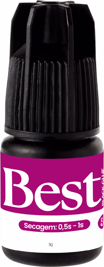 Frasco pequeno de vidro com tampa preta. Rótulo rosa com o nome "Best" em letras brancas e a inscrição "Secagem: 0,5s - 1s" abaixo.