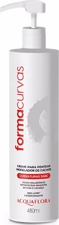 Frasco branco com bomba dosadora contendo creme para pentear modelador de cachos da marca Acquaflora.