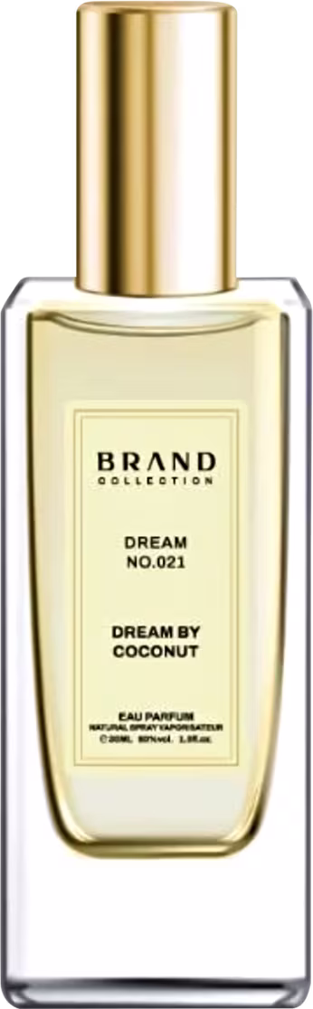 A imagem mostra um frasco de perfume da marca chamada Dream Brand Collection. O frasco é de vidro transparente com detalhes em dourado, incluindo uma tampa cilíndrica dourada. O rótulo indica que a fragrância se chama "Dream No. 021 - Dream by Coconut".