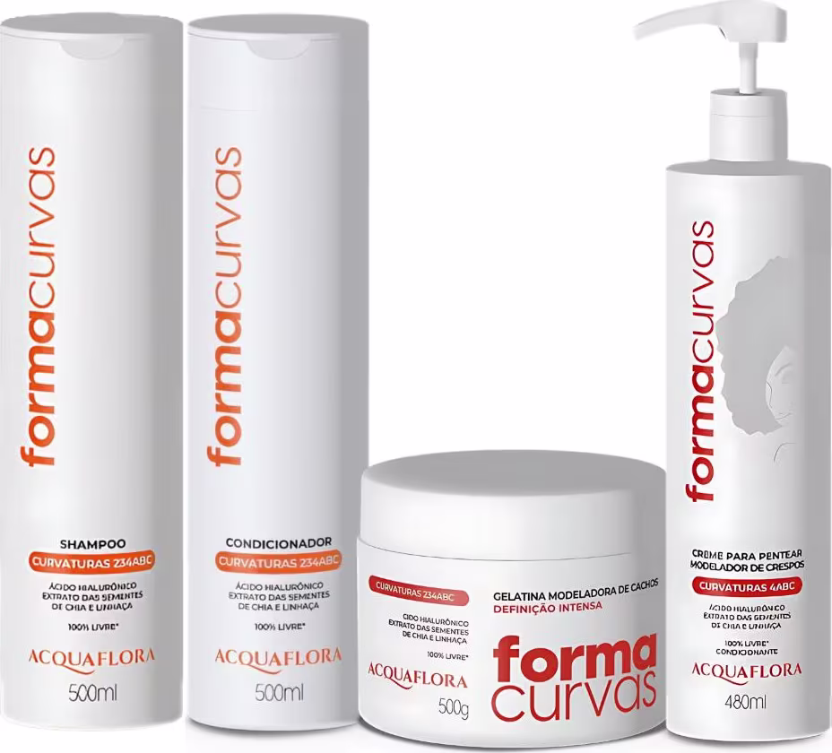 Produtos de beleza da marca Acquaflora, incluindo shampoo, condicionador, creme modelador de cachos e gelatina modeladora, em embalagens brancas com detalhes em vermelho.
