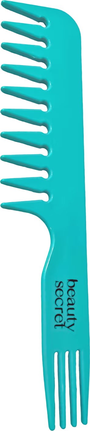 Escova de cabelo de cor azul turquesa. O produto tem um cabo longo e fino com uma extremidade alargada contendo vários dentes plásticos espaçados para pentear e desembaraçar o cabelo. O nome da marca "Beauty Secret" está impresso no cabo.