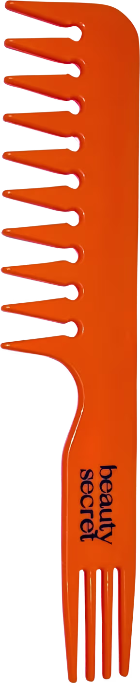 Escova de cabelo laranja da marca Beauty Secret. O produto tem um cabo longo e fino com vários dentes arredondados e espaçados na parte superior. O nome "Beauty Secret" está impresso na parte inferior do cabo em letras pretas.