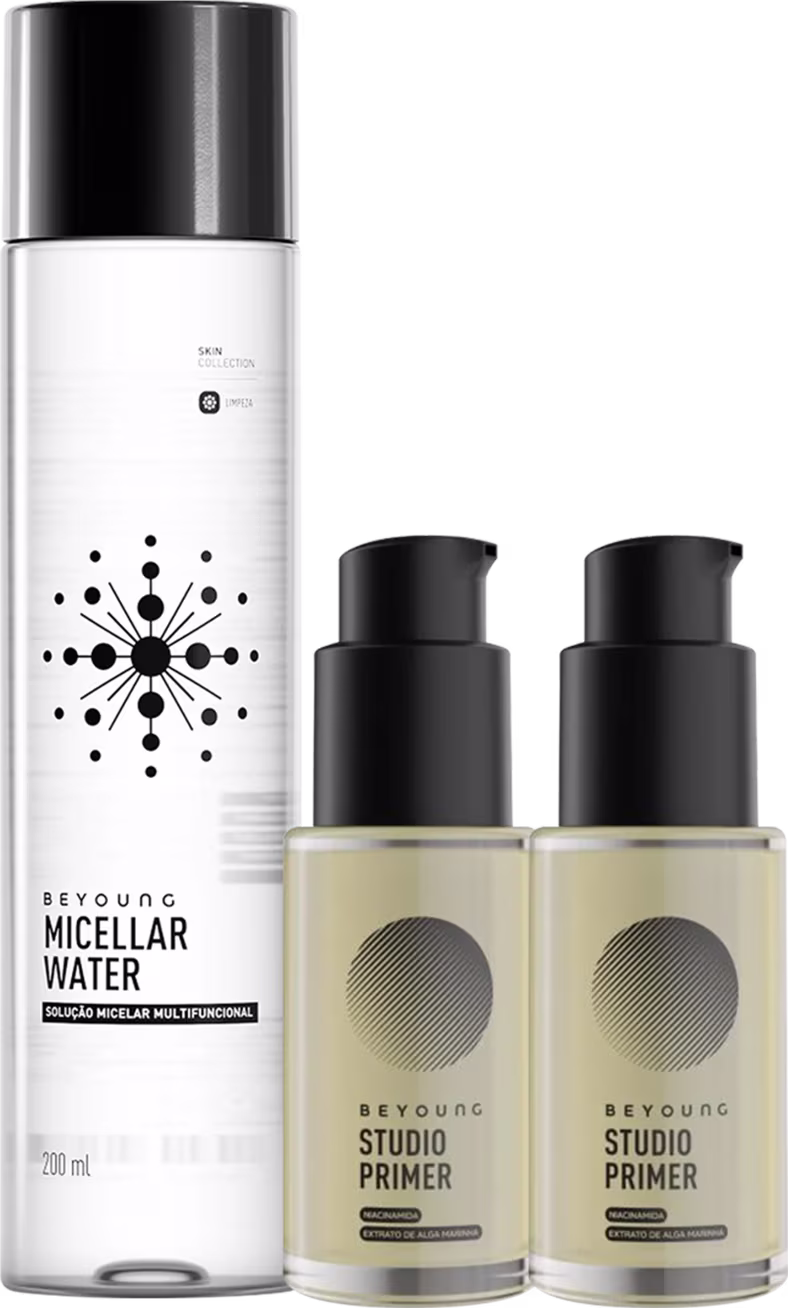 Conjunto de produtos Beyoung, incluindo um frasco de água micelar, além de dois frascos do Studio Primer