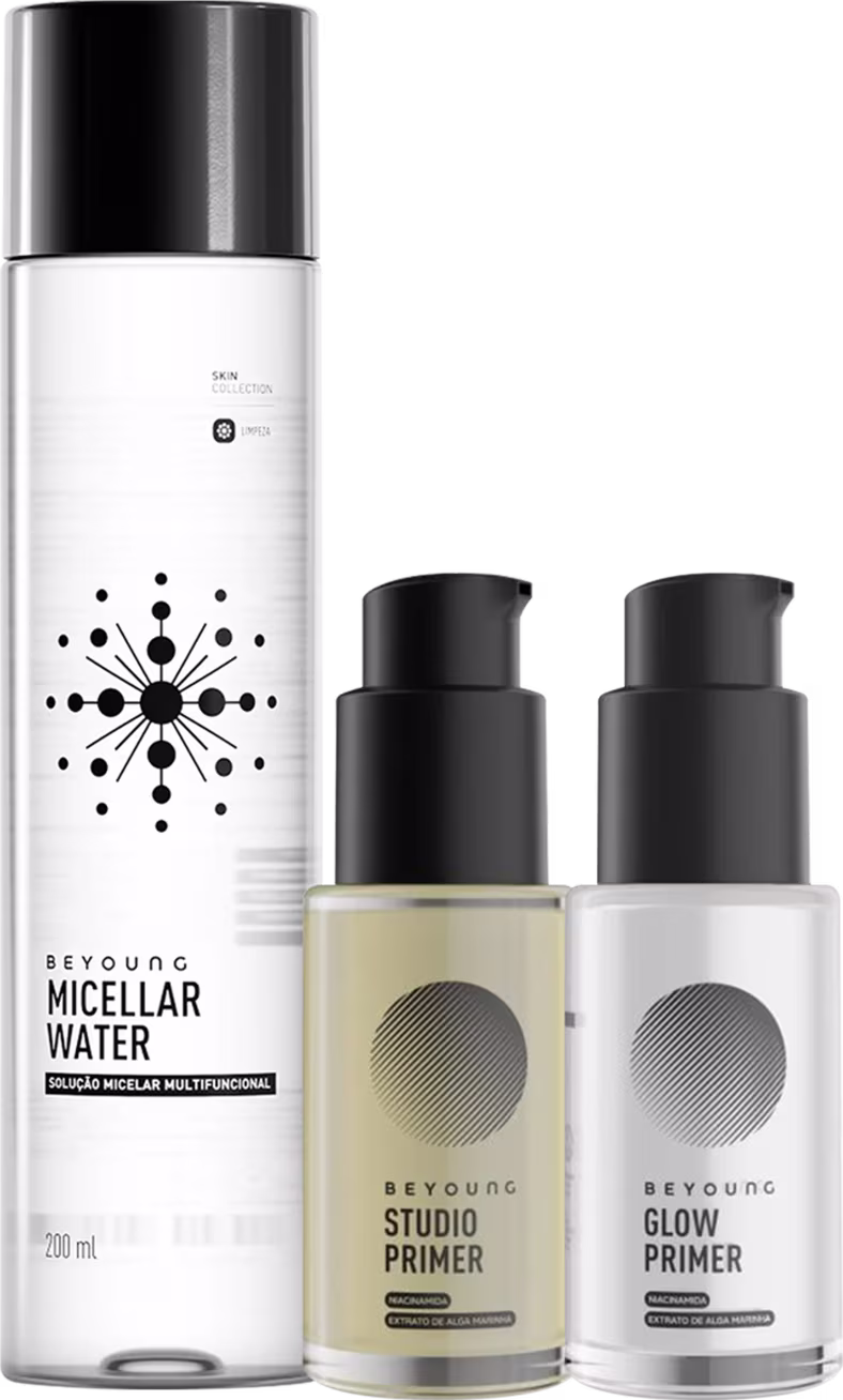 Conjunto de produtos Beyoung: Água Micelar, Primer Studio e Primer Glow