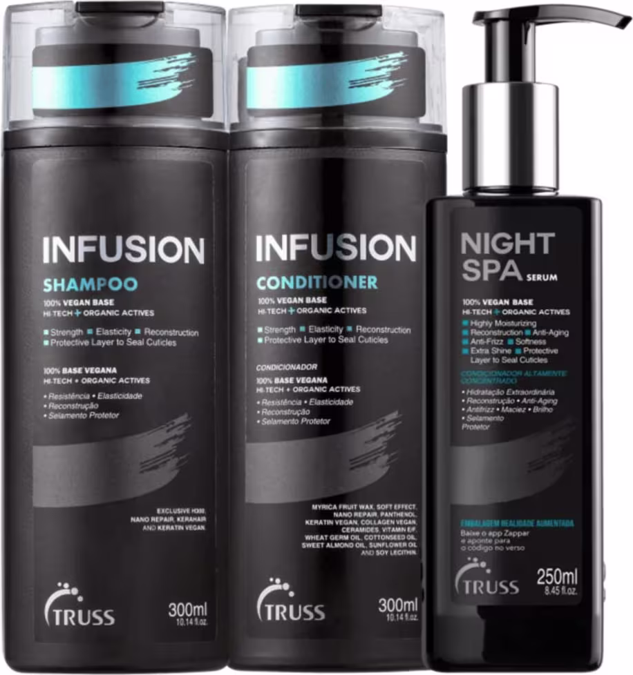 A imagem mostra uma linha de produtos para cabelos volumosos ou frizados da marca Truss, chamada "Infusion". Além disso, o kit acompanha outro produto, sérum de tratamento noturno nigth spa da mesma marca.
