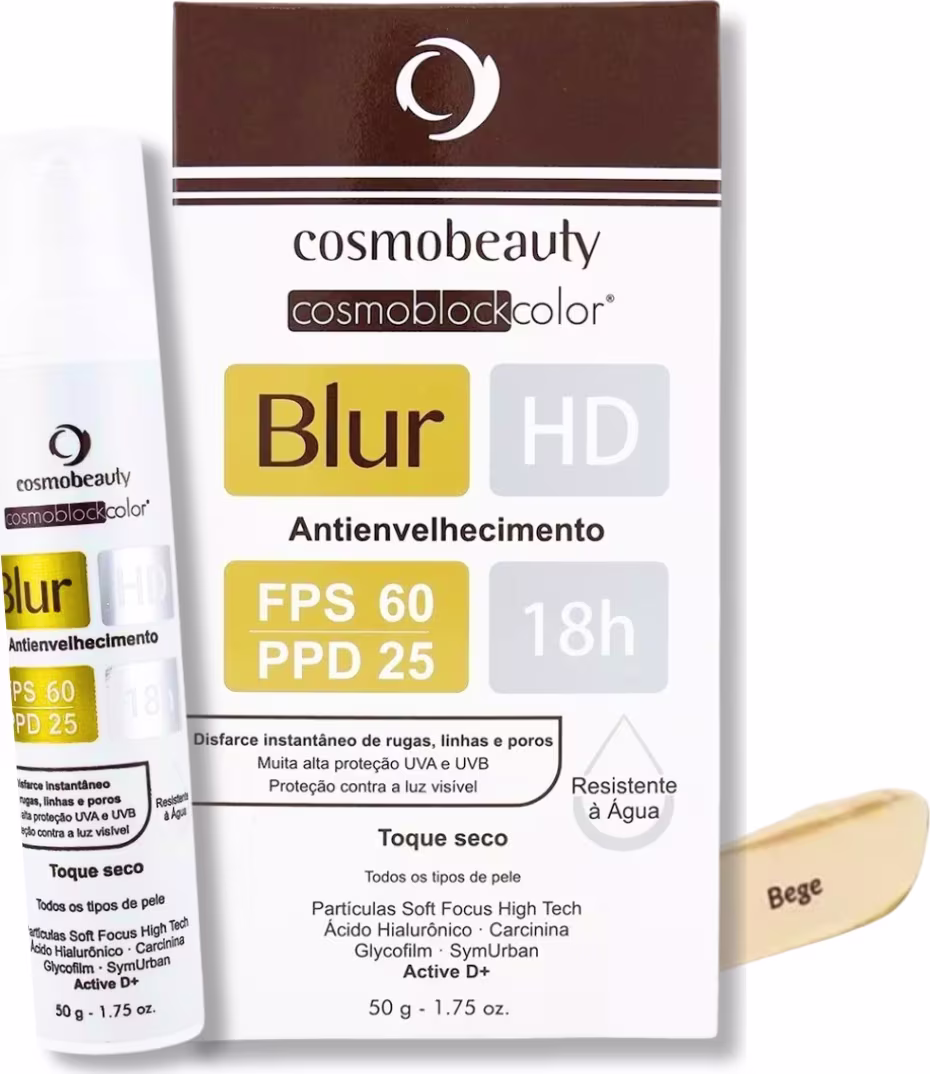 Proteção solar FPS 60 e PPD 25. O produto vem em um tubo branco com o nome "Blur" impresso. O texto na embalagem destaca as propriedades do produto, como o efeito de desfoque, alta proteção UVA e UVB, e resistência à água.