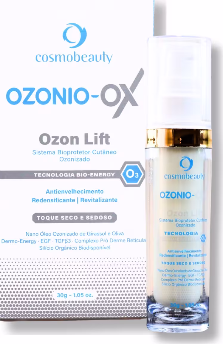 Sérum facial. A embalagem é um frasco branco com um rótulo azul e cinza, exibindo o nome do produto e informações sobre sua tecnologia e benefícios, como antienvelhecimento, redensificante e revitalizante. O frasco possui um design elegante e moderno.