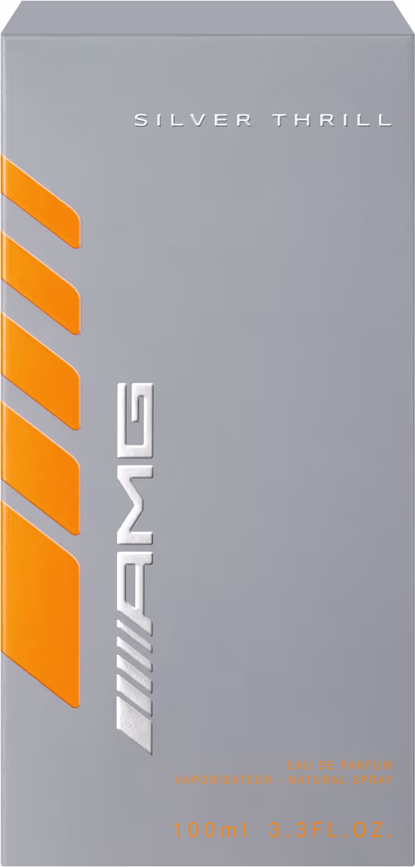 Perfume Silver Thrill da Mercedes-Benz. Embalagem retangular cinza com o logotipo da marca em laranja vívido e listras diagonais. Design minimalista e elegante, com destaque para o nome do perfume e o símbolo da marca.