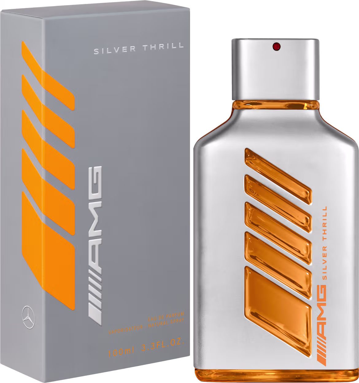 Perfume masculino AMG Silver Thrill da Mercedes-Benz. Frasco de vidro transparente com detalhes geométricos laranjas na parte frontal. Caixa retangular cinza com logotipo Mercedes e listras laranjas diagonais.