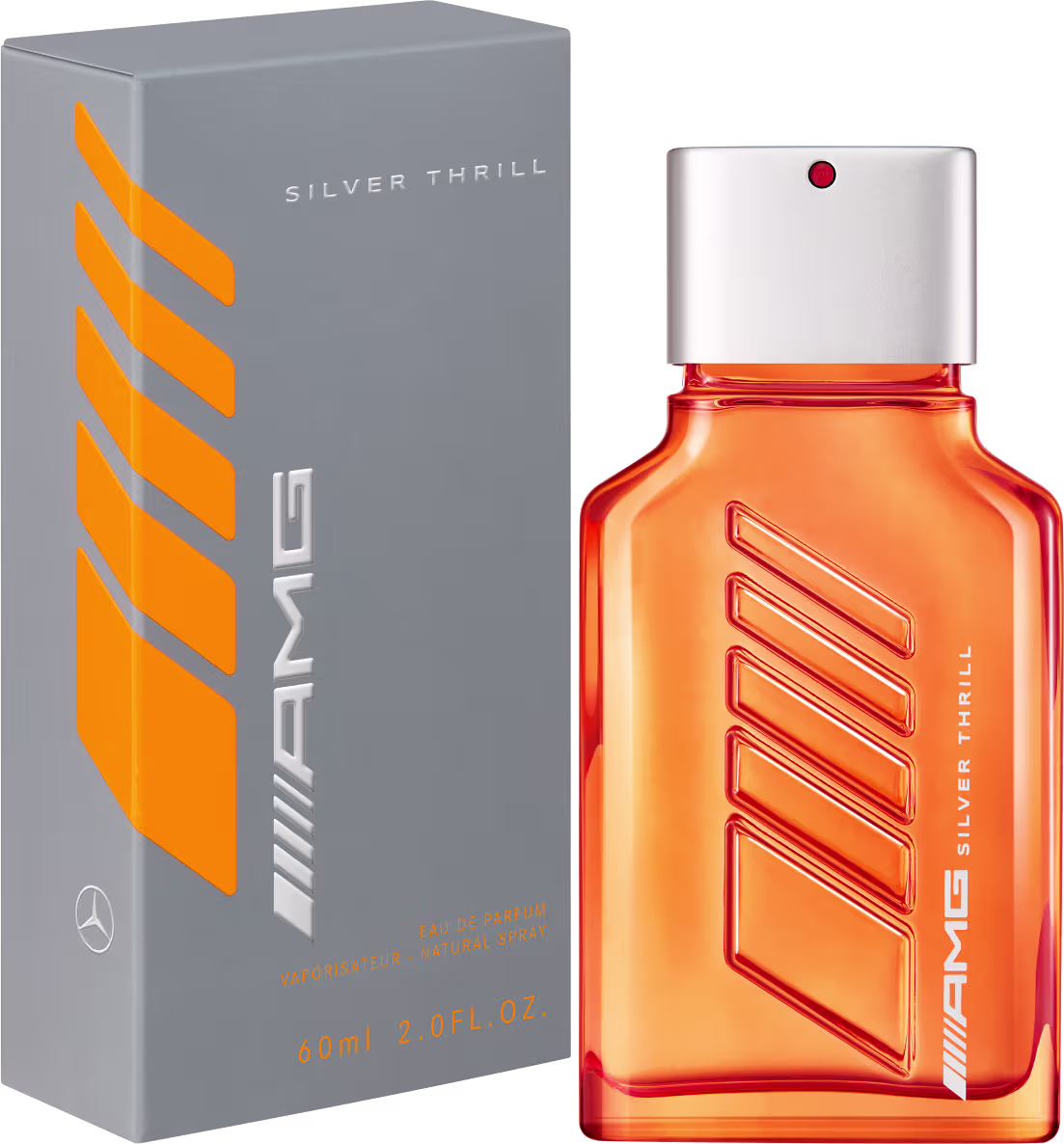 Perfume Silver Thrill da Mercedes-Benz. Frasco retangular de vidro laranja com linhas vermelhas em relevo e tampa prateada. Caixa cinza com logotipo Mercedes e detalhes em laranja. Rótulo indicando fragrância masculina, volume de 60ml.