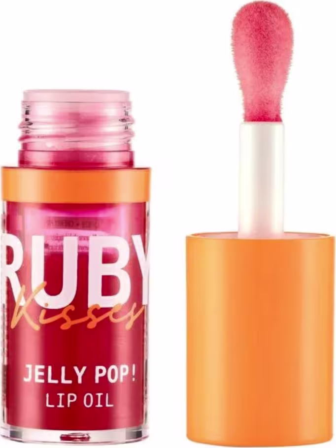 A imagem mostra um frasco de 4ml de lip oil transparente com detalhe laranja, aberto, com a tampa ao lado, também laranja.