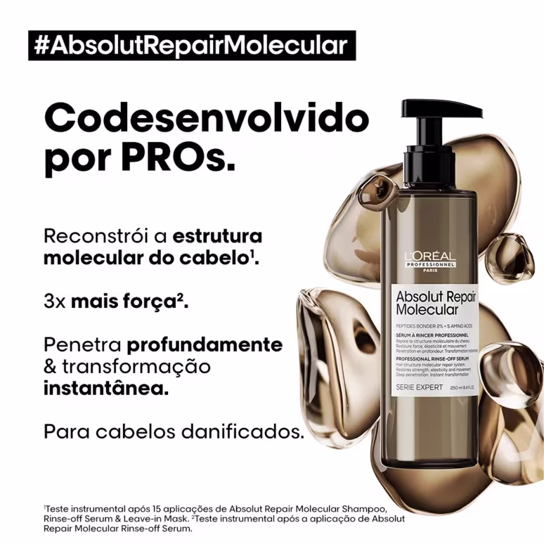 De um lado a imagem do sérum, do outro informações como "Codesenvolvido por PROs", "Reconstrói a estrutura molecular do cabelo" e "3x mais força". "Penetra profundamente e "Transformação Instantânea".