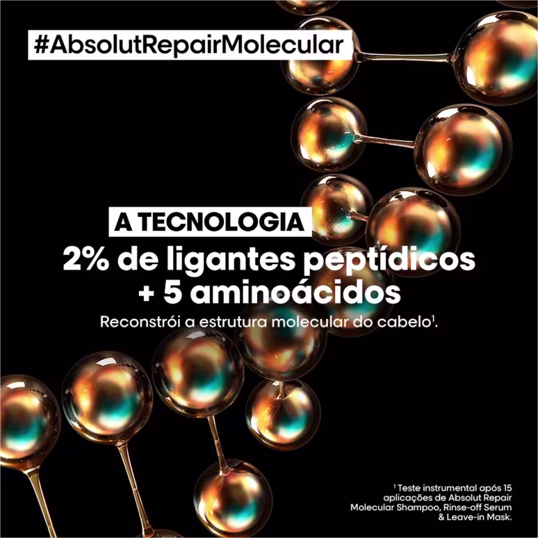 A imagem possui um fundo preto com formas circulares douradas que representam moléculas com o texto "2% de ligantes peptídicos + 5 aminoácidos".