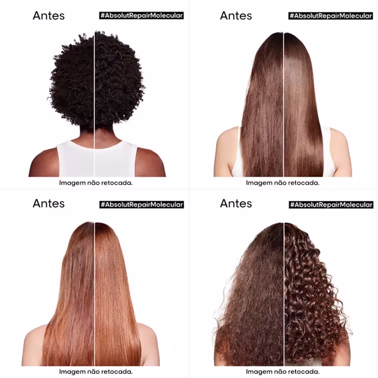 Esta imagem apresenta quatro exemplos de antes e depois de um tratamento capilar. Cada exemplo mostra a parte de trás de uma cabeça feminina, com o cabelo em diferentes texturas e comprimentos antes do tratamento e o resultado após a aplicação do produto.