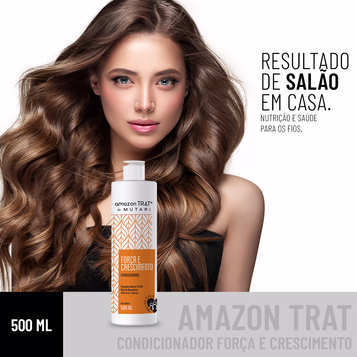O produto mostrado na imagem é um condicionador da marca Amazon Trat, com o nome "Força e Crescimento". A imagem traz ainda uma mulher com cabelos loiros longos ondulados e a frase Resultado de Salão em Casa