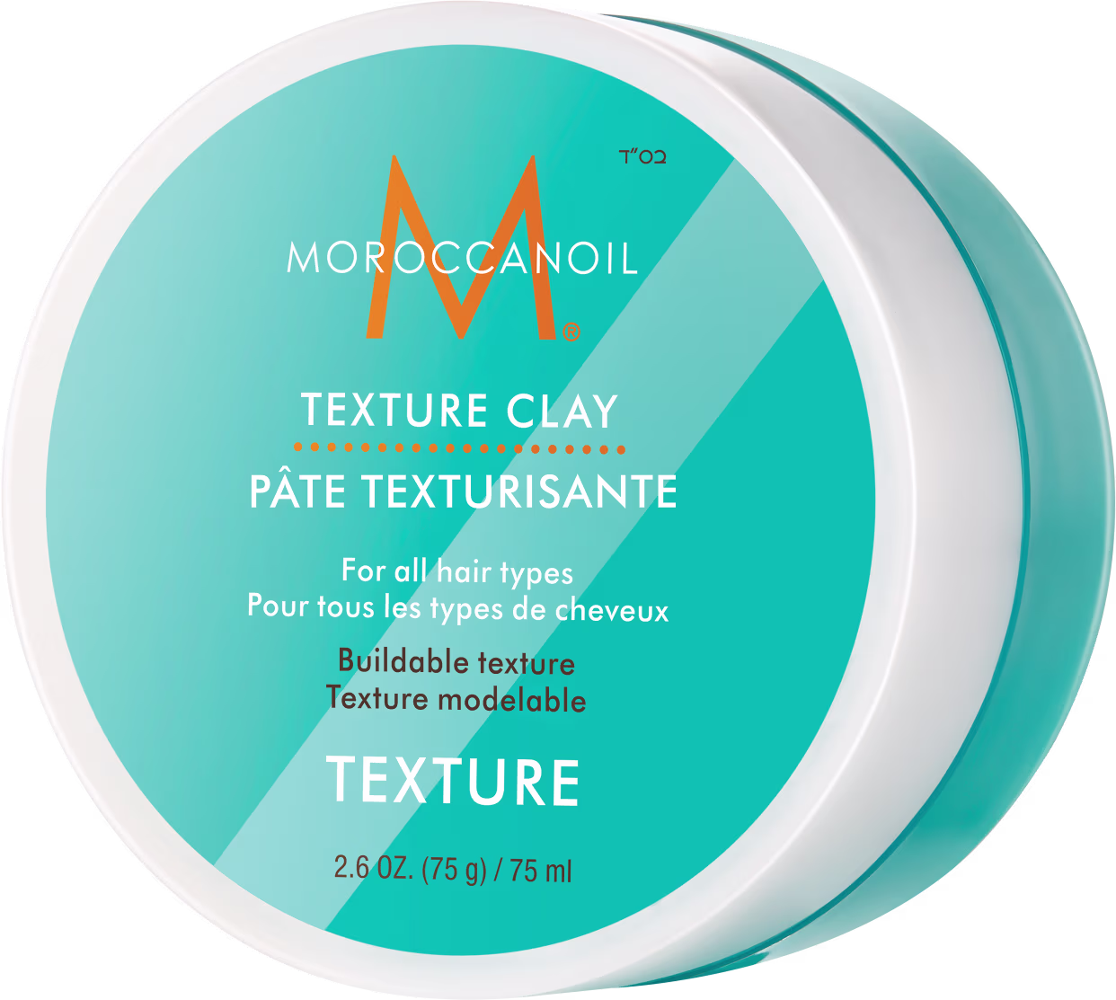 Pote branco e azul da marca Moroccanoil contendo "Texture Clay", um produto para modelar a textura dos cabelos, indicado para todos os tipos de cabelo.