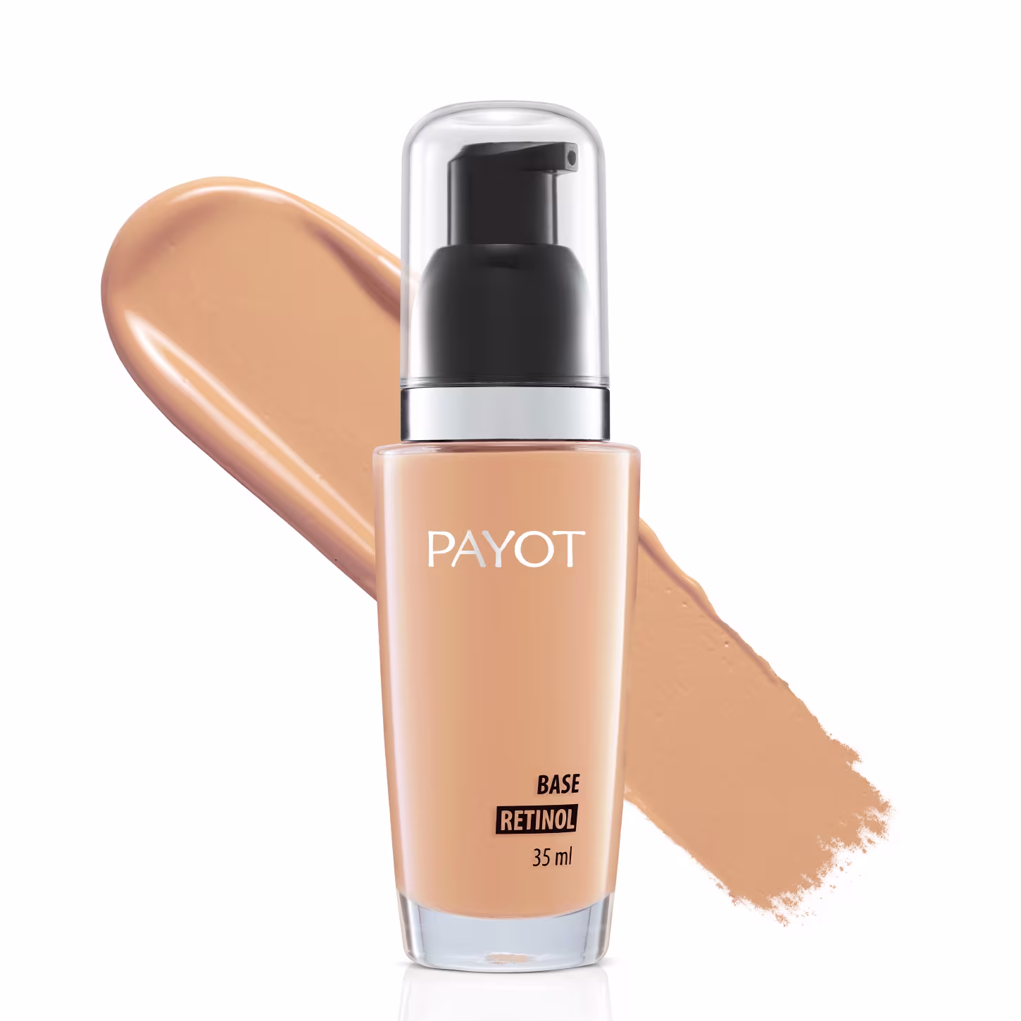 A imagem apresenta frasco de base facial Payot. Ao fundo, há a cor da base, que é bege claro.