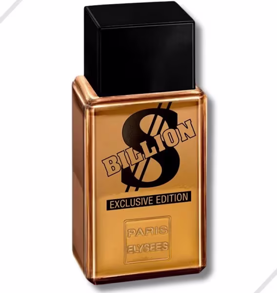 Perfume masculino em embalagem exclusiva. Frasco retangular preto com tampa preta. Caixa dourada metálica com o logotipo "Billion" em letras grandes e pretas. Na parte inferior da caixa, está impresso "Paris Elysees".
