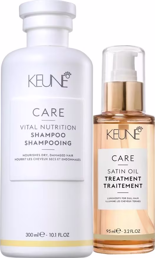 A imagem mostra dois produtos de cuidados capilares da marca Keune. Um é um shampoo nutritivo chamado "Vital Nutrition Shampoo" de 300ml. O outro é um tratamento de óleo sedoso chamado "Satin Oil Treatment" de 95ml.