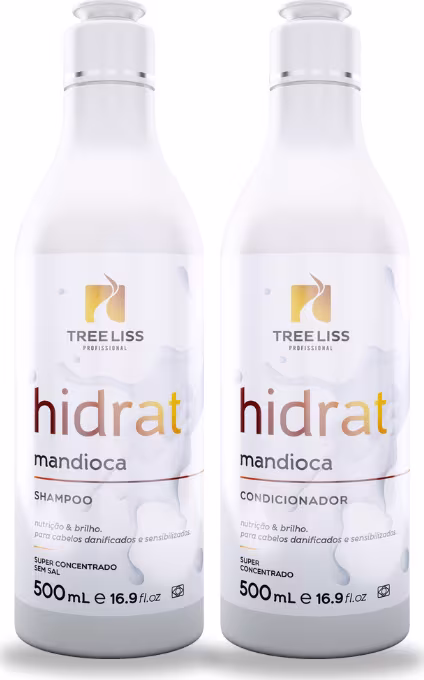 Dois frascos plásticos brancos de 500ml cada, contendo shampoo e condicionador da linha Hidrat Mandioca da marca TreeLiss Profissional. Os frascos têm formato cilíndrico com tampa branca.