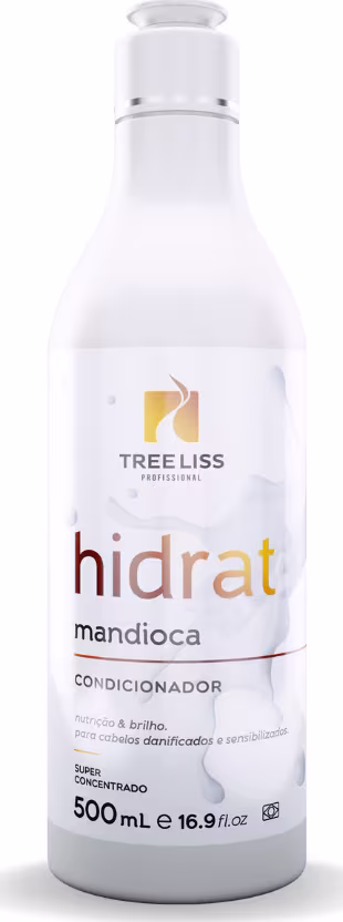 Condicionador hidratante Hidrat da linha TreeLiss Profissional. Embalagem plástica branca opaca com detalhes em amarelo. Rótulo com o nome do produto "hidrat mandioca" e a descrição "Condicionador para cabelos danificados e sem brilho".