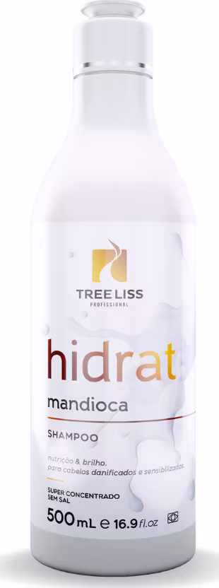 Shampoo hidratante Hidrat da linha TreeLiss Profissional. Embalagem plástica branca opaca com detalhes em vermelho e amarelo. Rótulo com o nome do produto "hidrat mandioca" e a descrição "Shampoo para cabelos danificados e ressecados".
