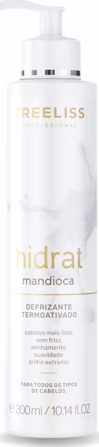 Produto de cuidado capilar TreeLiss Profissional Hidrat Mandioca. Embalagem de plástico na forma de um frasco bomba com tampa branca. Rótulo branco com o logotipo TreeLiss em dourado e texto em preto descrevendo o produto como "Defrizante Termoativado".