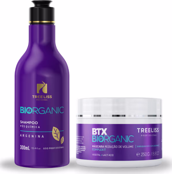A imagem mostra dois produtos da linha Biorganic da marca TreeLiss Profissional. Um é um shampoo em uma embalagem plástica roxa de 300ml. O outro é uma máscara de redução de volume em um pote branco com a parte superior roxa, contendo 250g.