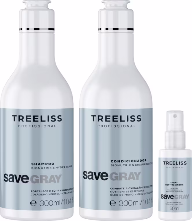 Produtos TreeLiss Profissional para cabelos grisalhos. Dois frascos de 300ml de shampoo e condicionador da linha "Save Gray", com embalagens cilíndricas e rótulos azuis. Um frasco menor de 60ml de um produto revitalizador da mesma linha.