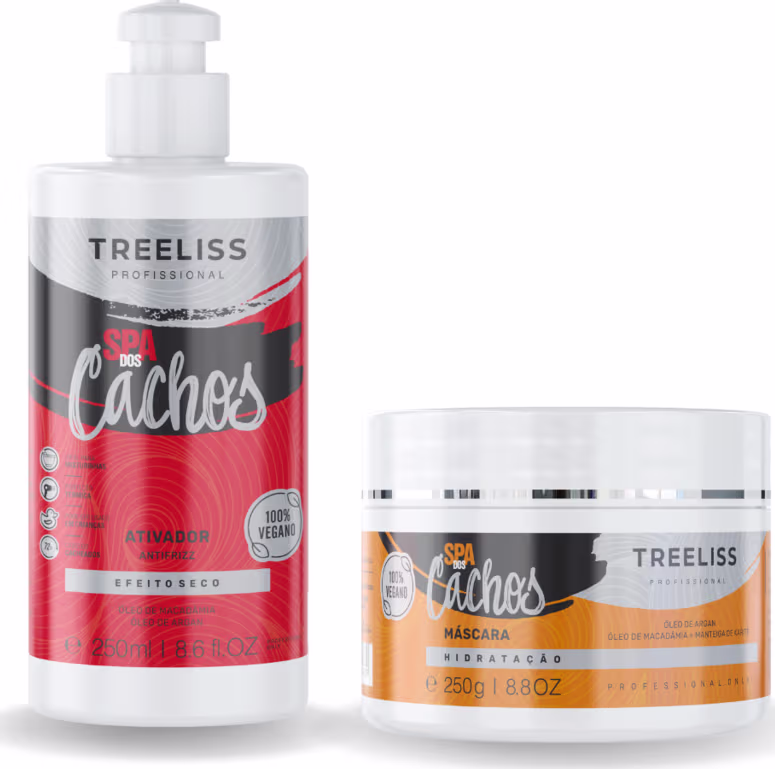 Produtos de tratamento capilar TreeLiss Profissional. Um frasco plástico vermelho de 250ml contendo um ativador líquido denominado "Spa dos Cachos". Um pote plástico laranja de 250g contendo uma máscara de hidratação capilar chamada "Spa dos Cachos".
