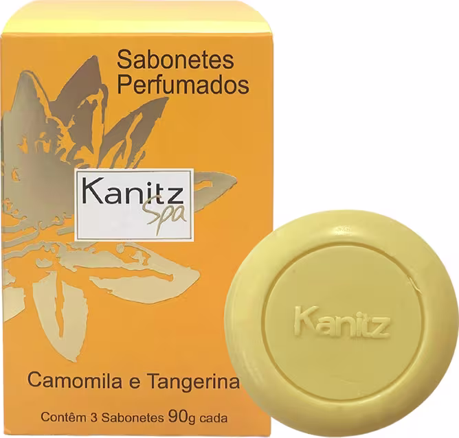 Caixa amarela contendo 3 sabonetes perfumados Kanitz Spa, com fragrância de camomila e tangerina. Cada sabonete possui 90g e apresenta o logotipo da marca em relevo.
