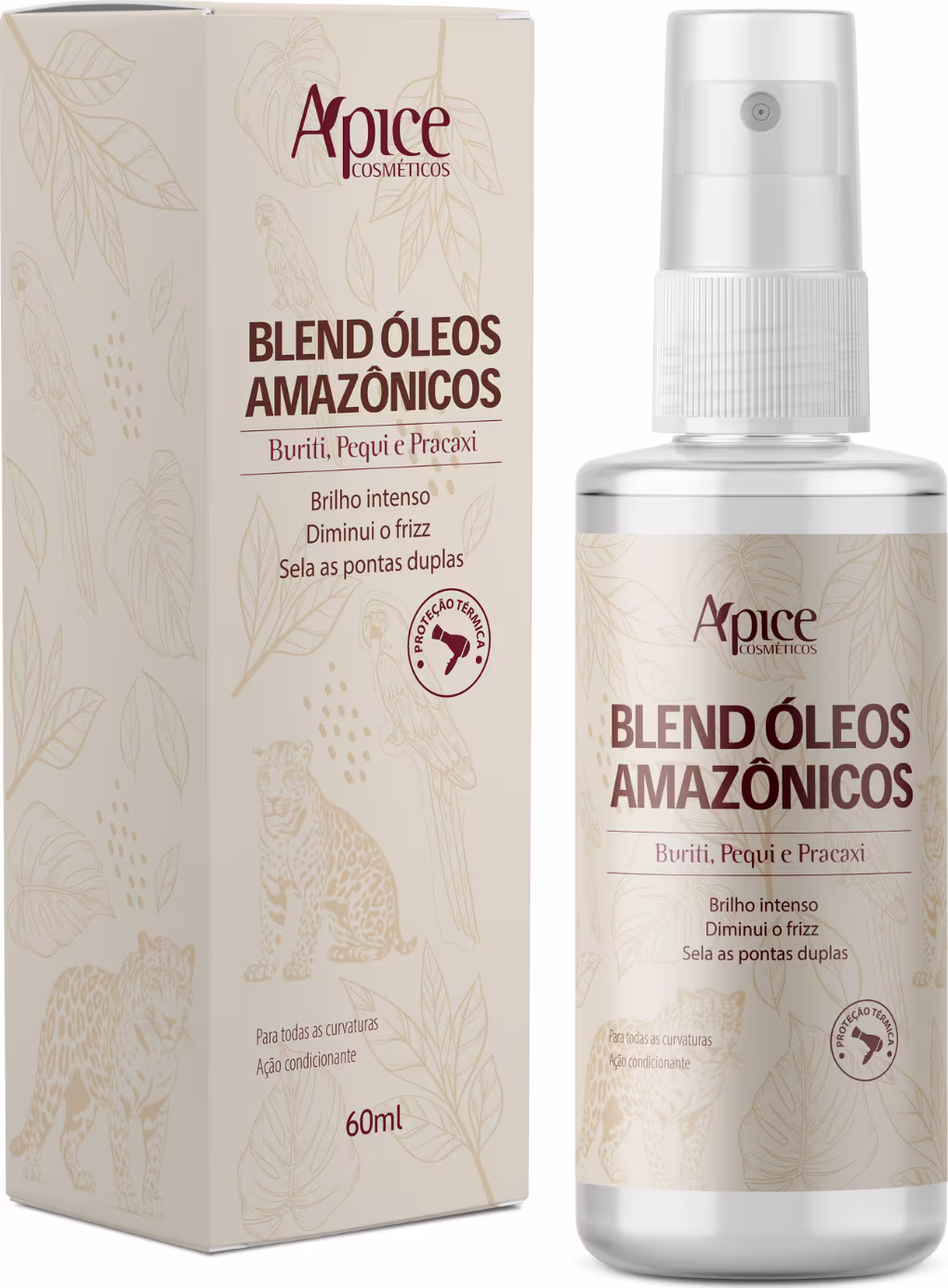 Blend de Óleos Amazônicos da marca Apice Cosméticos. O frasco contém 60ml do produto, que é descrito como um blend de óleos para todas as curvaturas, com ação condicionante.