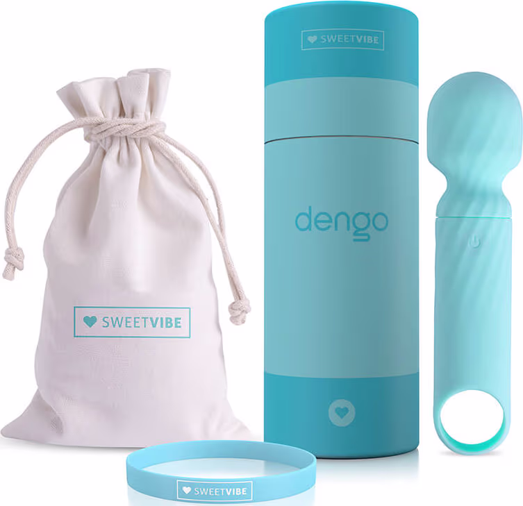 A imagem mostra o Vibrador Sweet Vibe Dengo da marca A Sós na Cor azul, Acompanha bag de algodão, pulseira de silicone e lata personalizada
